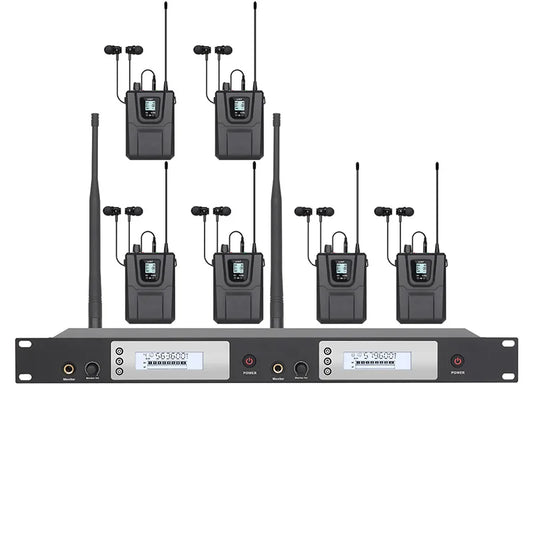 Black wireless lavalier microphone system with six transmitters and two receivers for professional in-ear monitoring