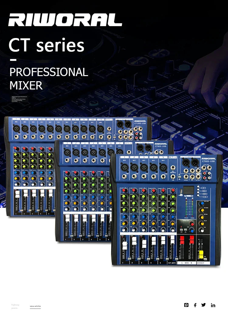 Blue riworal ct60s 6 channel professional studio audio mixer with colorful knobs faders and 48v phantom power