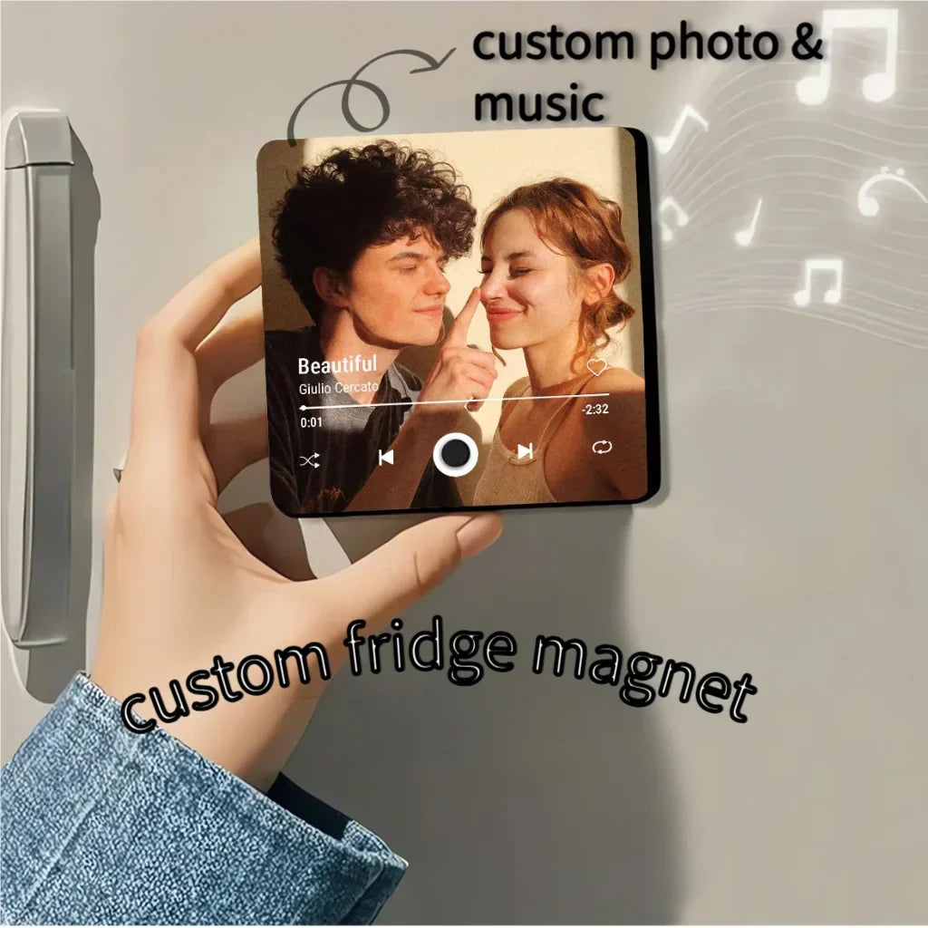 Custom glossy square fridge magnet with personalized photo and music player design best christmas gift for girlfriend