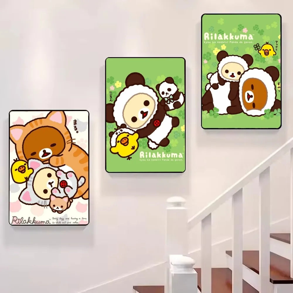 Three rectangular rilakkuma-themed modern graphic wall art panels on light green background for living room decor