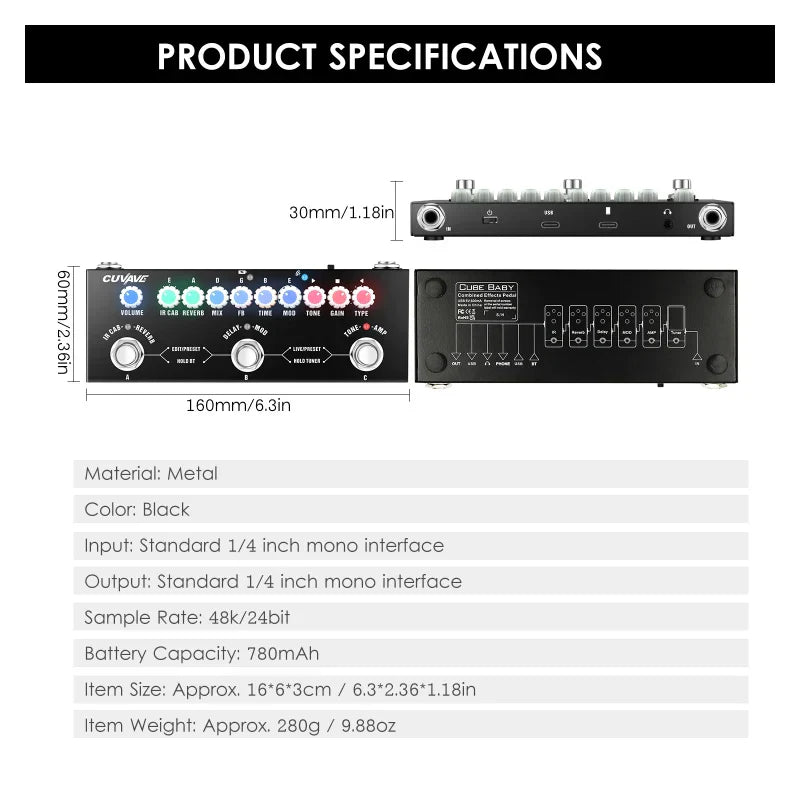 Cuvave cube baby black metal audio interface with colorful leds and 1/4 inch inputs for wireless music playback