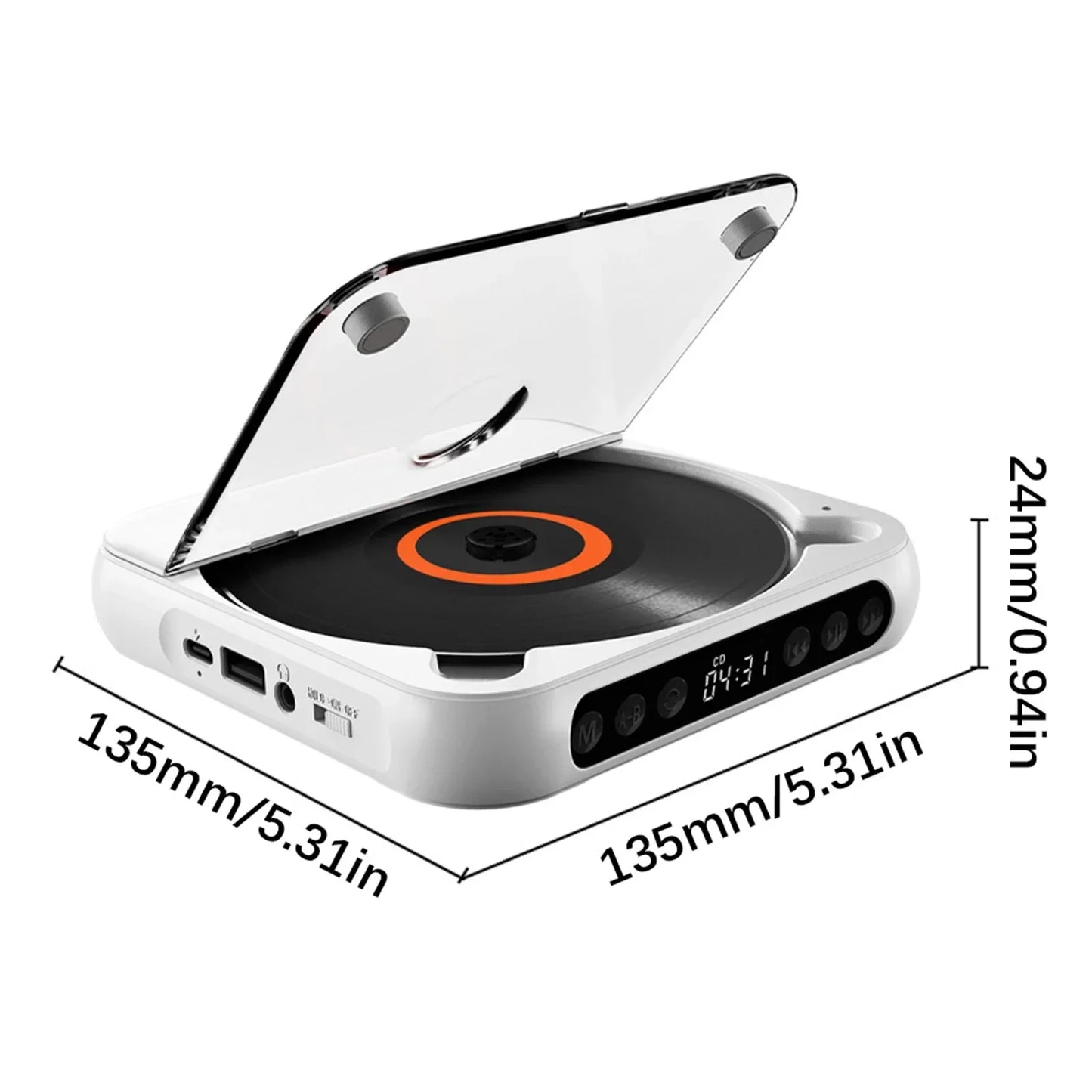 White portable cd player with transparent lid and orange accent featuring external playback function and dust proof cover