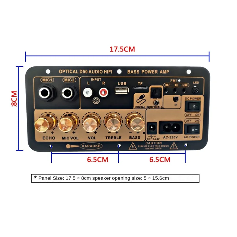 Black and gold d50 amplifier board panel with labeled inputs knobs usb port optical audio bluetooth for diy audio subwoofer