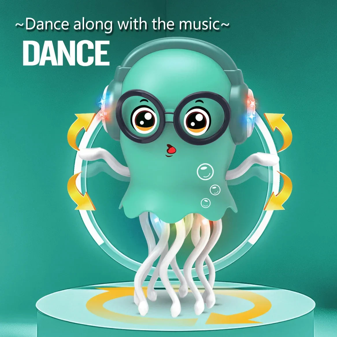Teal electric jellyfish toy with automatic obstacle avoidance, black glasses, glowing headphones, light music christmas gift