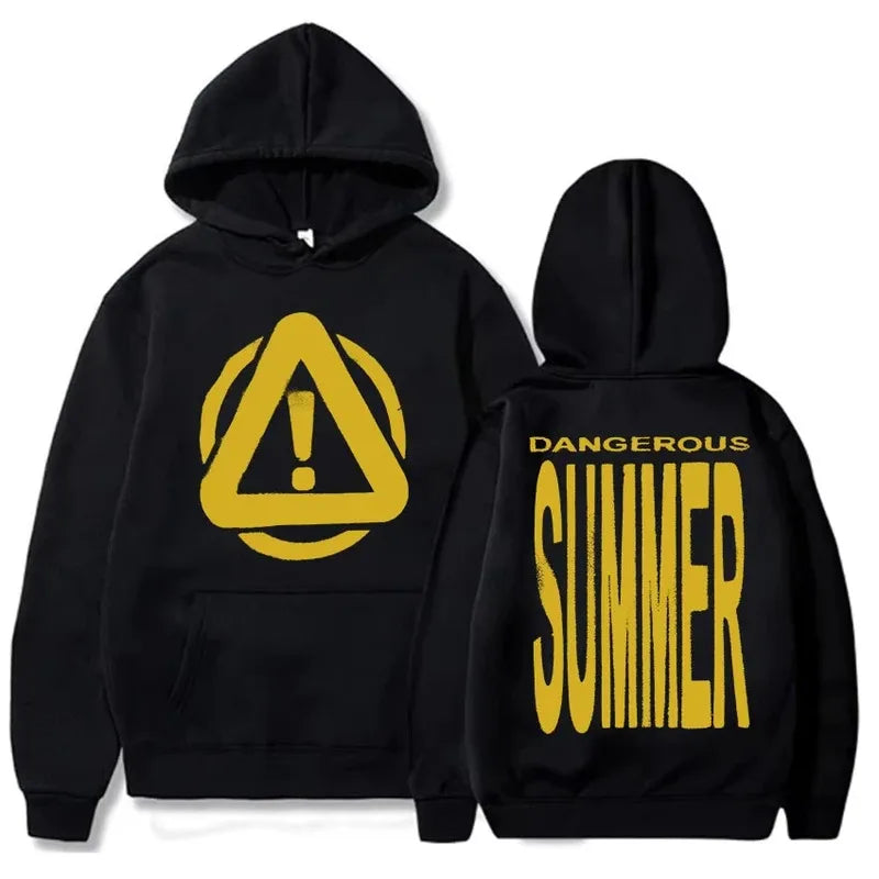 Black hoodie with bold yellow triangular dangerous summer warning symbol on front and hoodie yeat singer hiphop streetwear cotton design