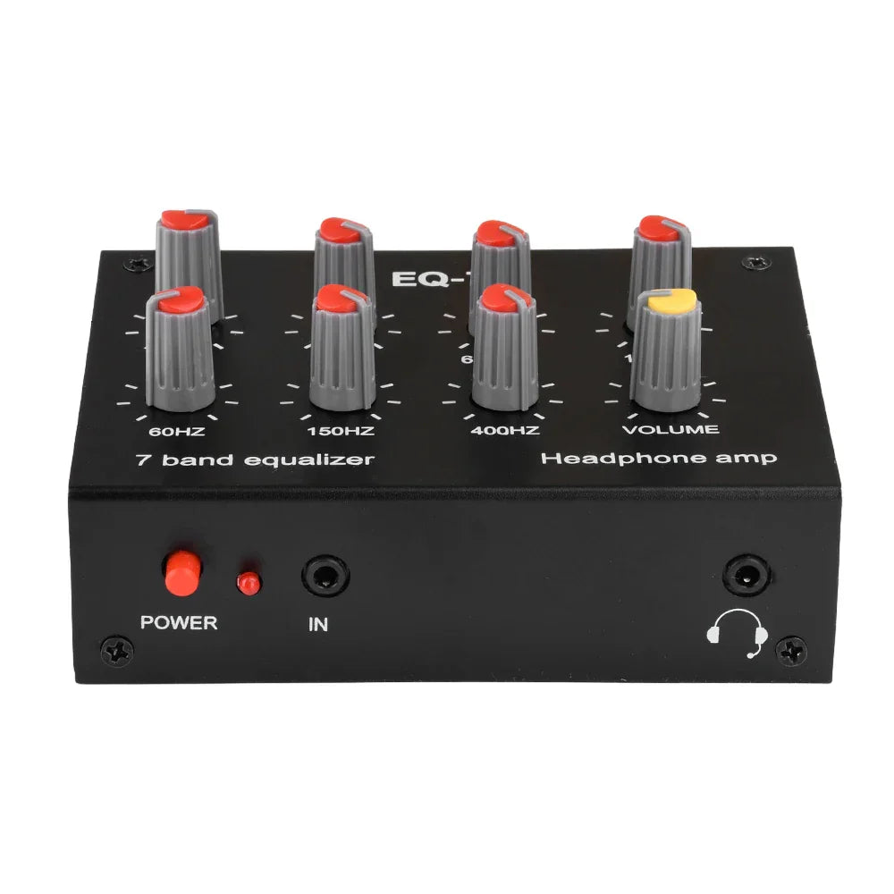 Black rectangular audio signal preamplifier with seven gray knobs and red tops for band equalizer adjust and computer headphone amplifier