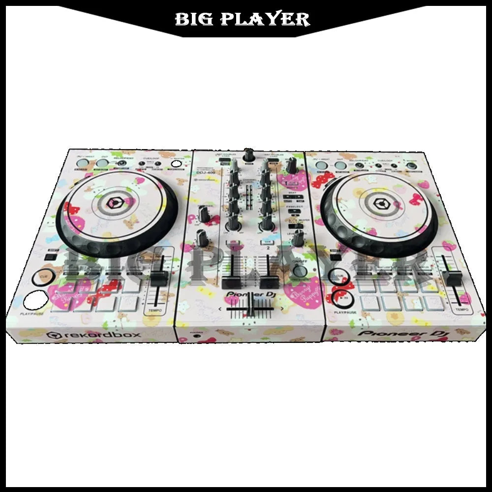White pioneer ddj400 controller disc with pink and black floral film panel protection sticker skin on surface