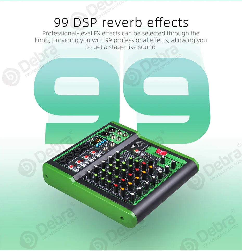 Green and black debora di pro mixer audio with 99 dsp digital effects and usb mp3 input for home karaoke live use