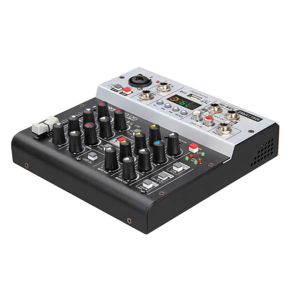 Black and silver 8-channel debra professional 24bit 192k usb sound card audio interface with black knobs and digital display