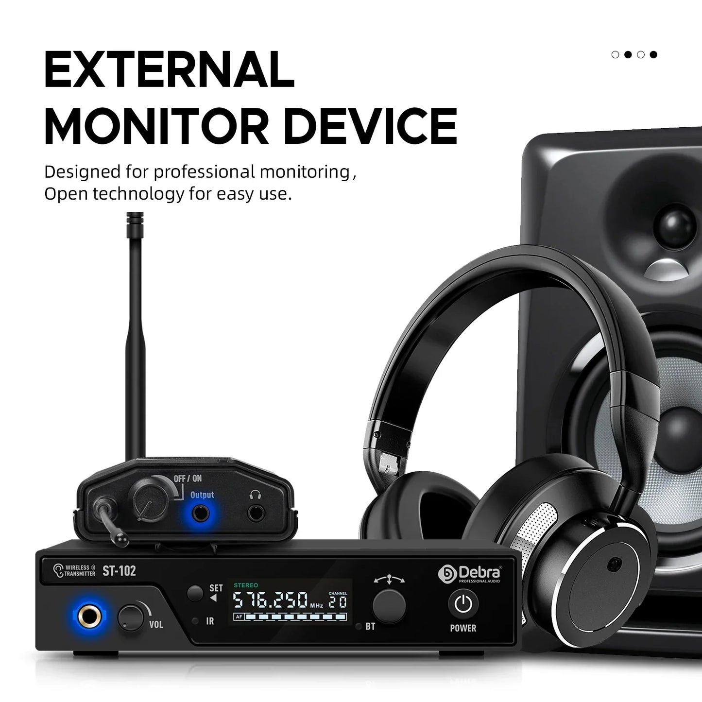 Black debra st-102 professional stereo wireless audio transmitter with digital display and antenna for wireless monitoring