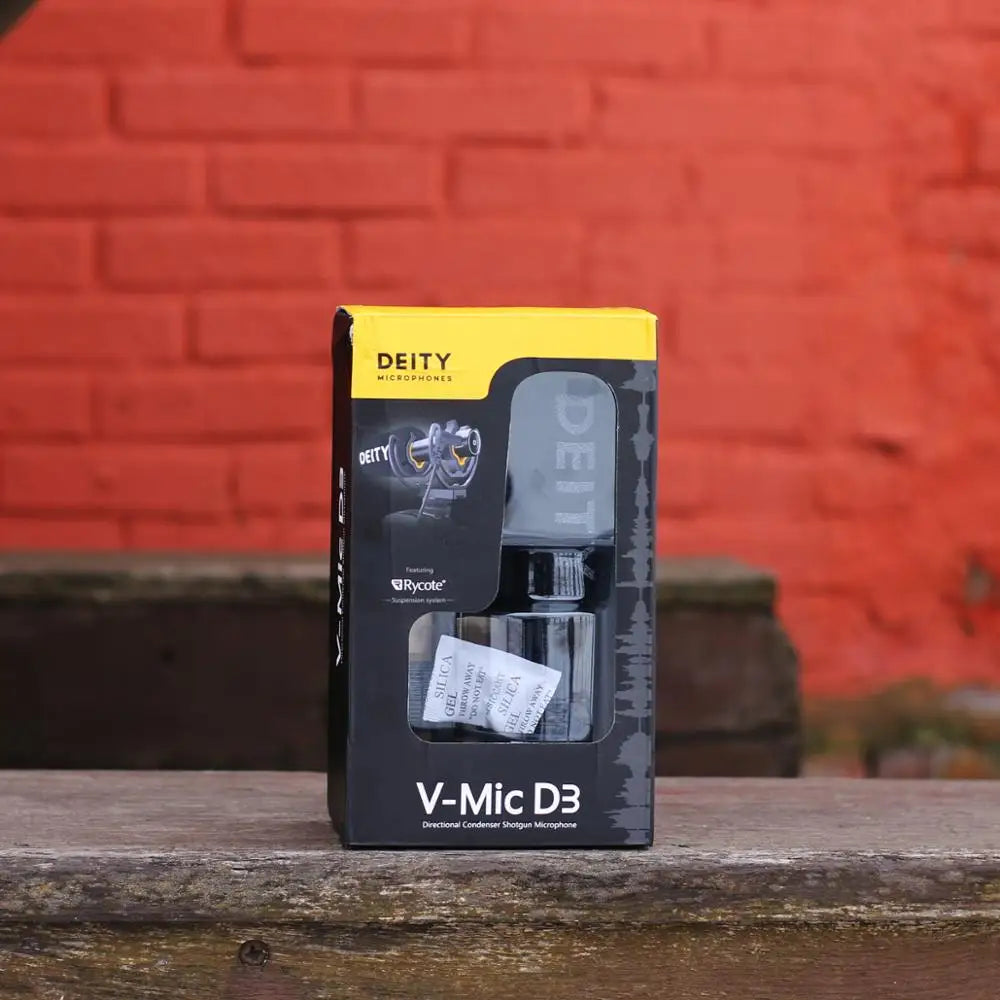 Black and yellow box containing deity v-mic d3 pro directional condenser profissional microphone for fujifilm recording studio pro location kit