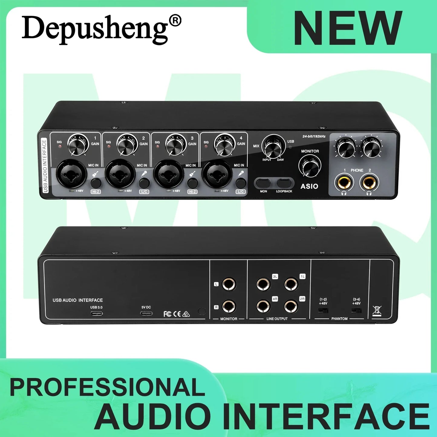 Black depusheng mq44 professional channels audio interface with multiple ports and knobs featuring asio driver high impedance