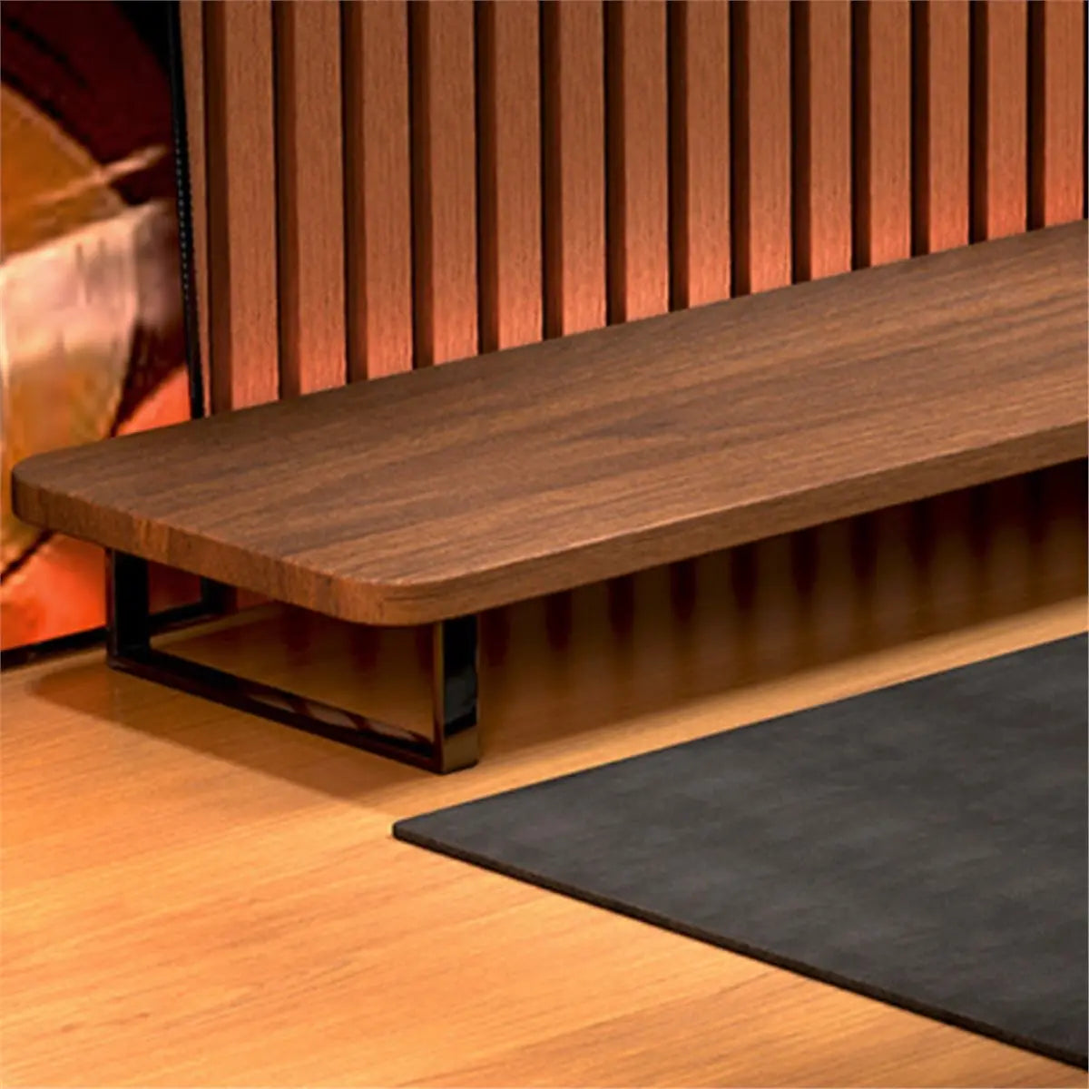 A sleek dark brown wooden monitor stand organizer with minimalist design and black metal legs for office use