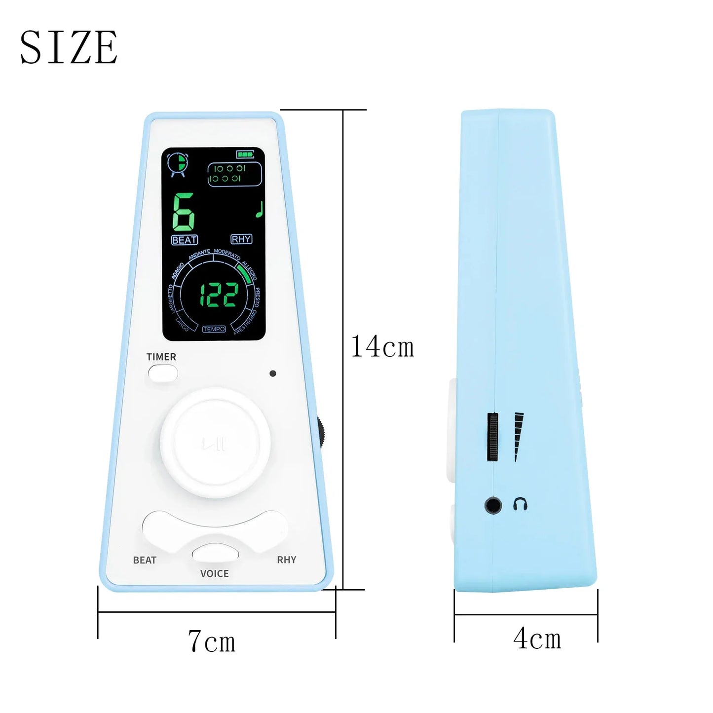 Light blue and white digital metronome with green led display showing tempo for musicians piano violin and guitar instrument use