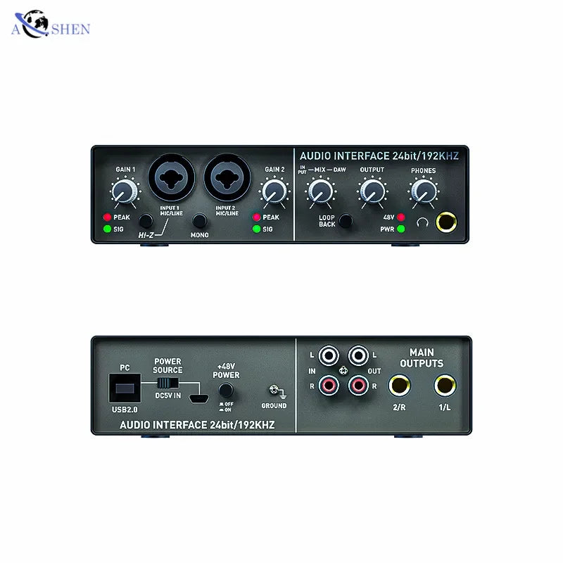 Black aoshen 24-bit 192khz professional audio interface with multiple input output ports for live recording sound
