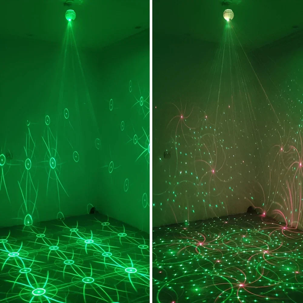 Green and red laser disco ball party sound activated strobe light mounted on ceiling for indoor room birthday use