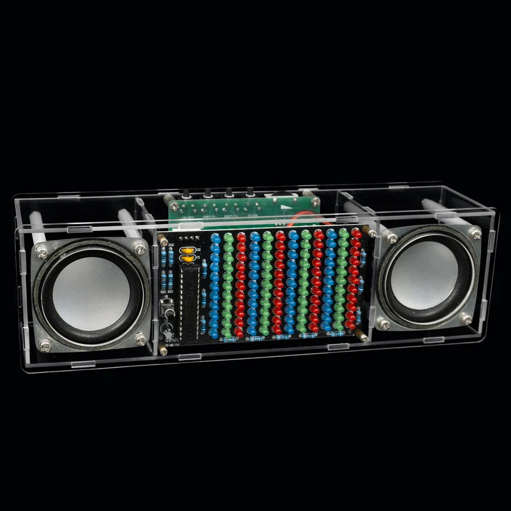 Clear acrylic diy bluetooth speaker kit electronic with dual channel soldering, colorful led lights, and visible circuit board