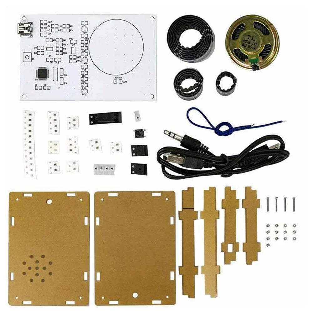 White circuit board with labeled connection points gold speaker and components for diy led sound display electronic kit with shell diy soldering