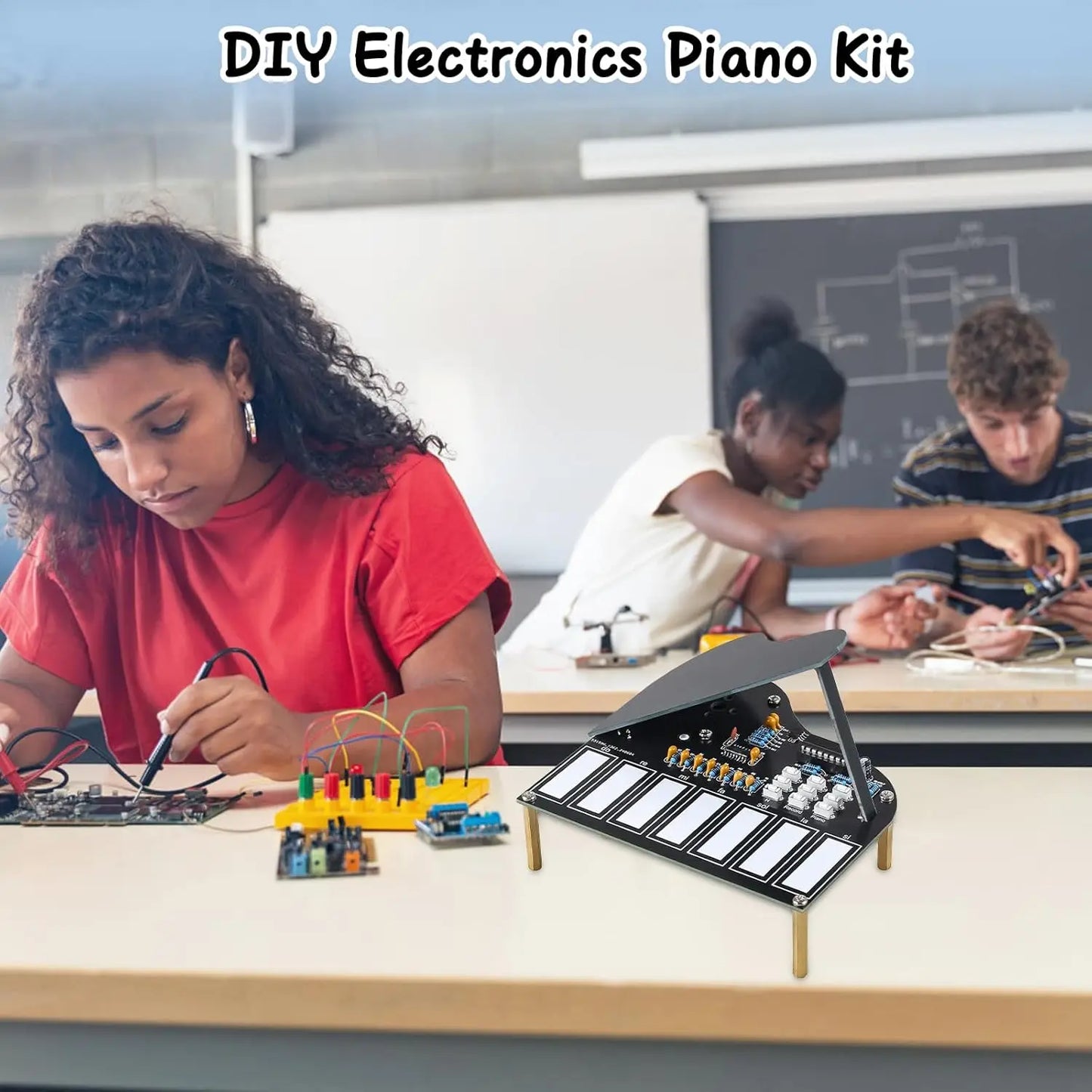 Black diy electronics piano practice kit with white keys gold-colored legs and press button for recorded music