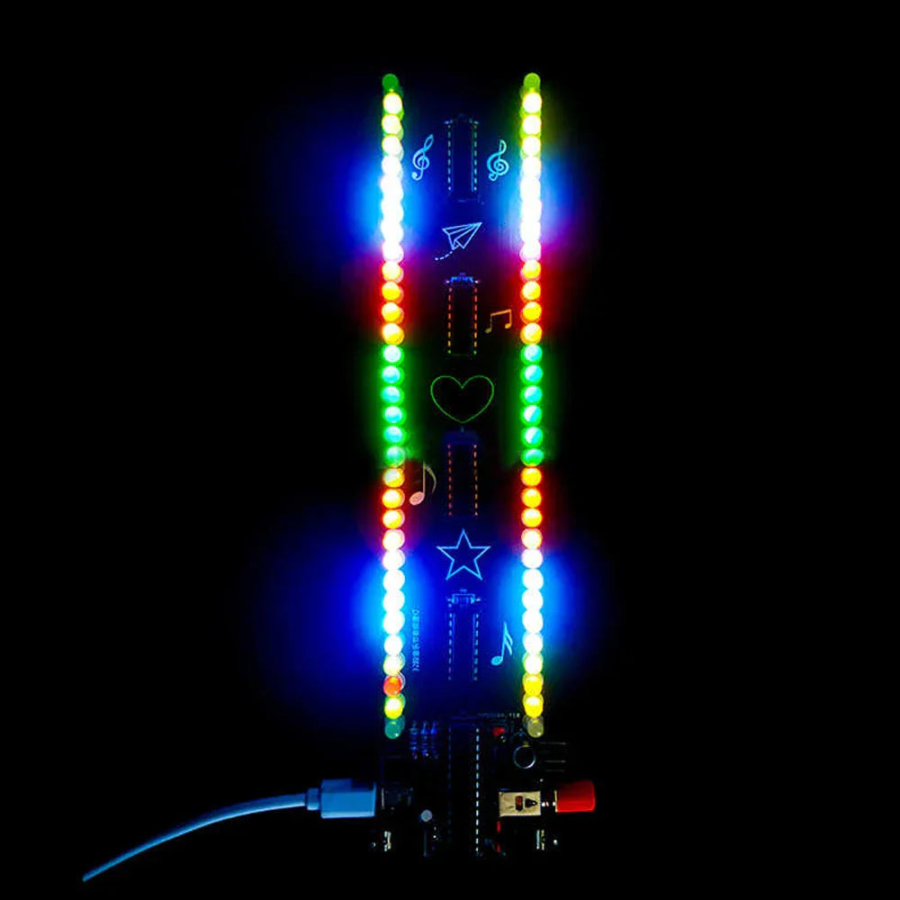 A vibrant diy sound control led music spectrum strip with rainbow bulbs on a circuit board with musical notes