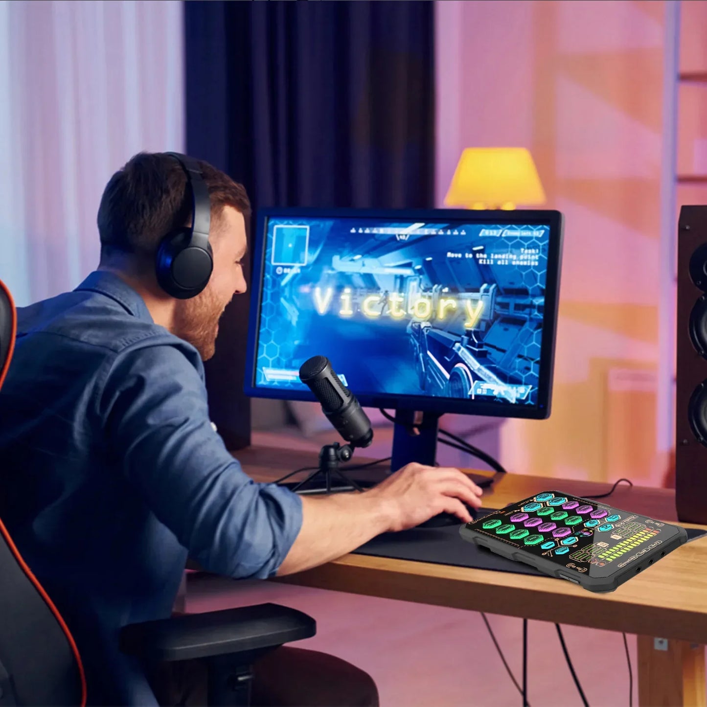 Black gaming keyboard with colorful illuminated keys and ergonomic design for equipment k9 handheld podacsting broadcasting singing