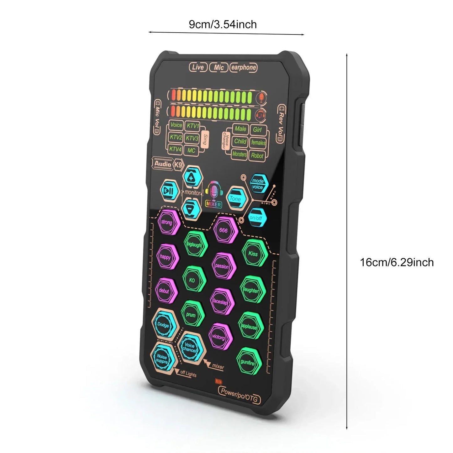 Black rugged equipment k9 handheld audio mixer with colorful illuminated buttons for podcasting broadcasting singing and karaoke equipment