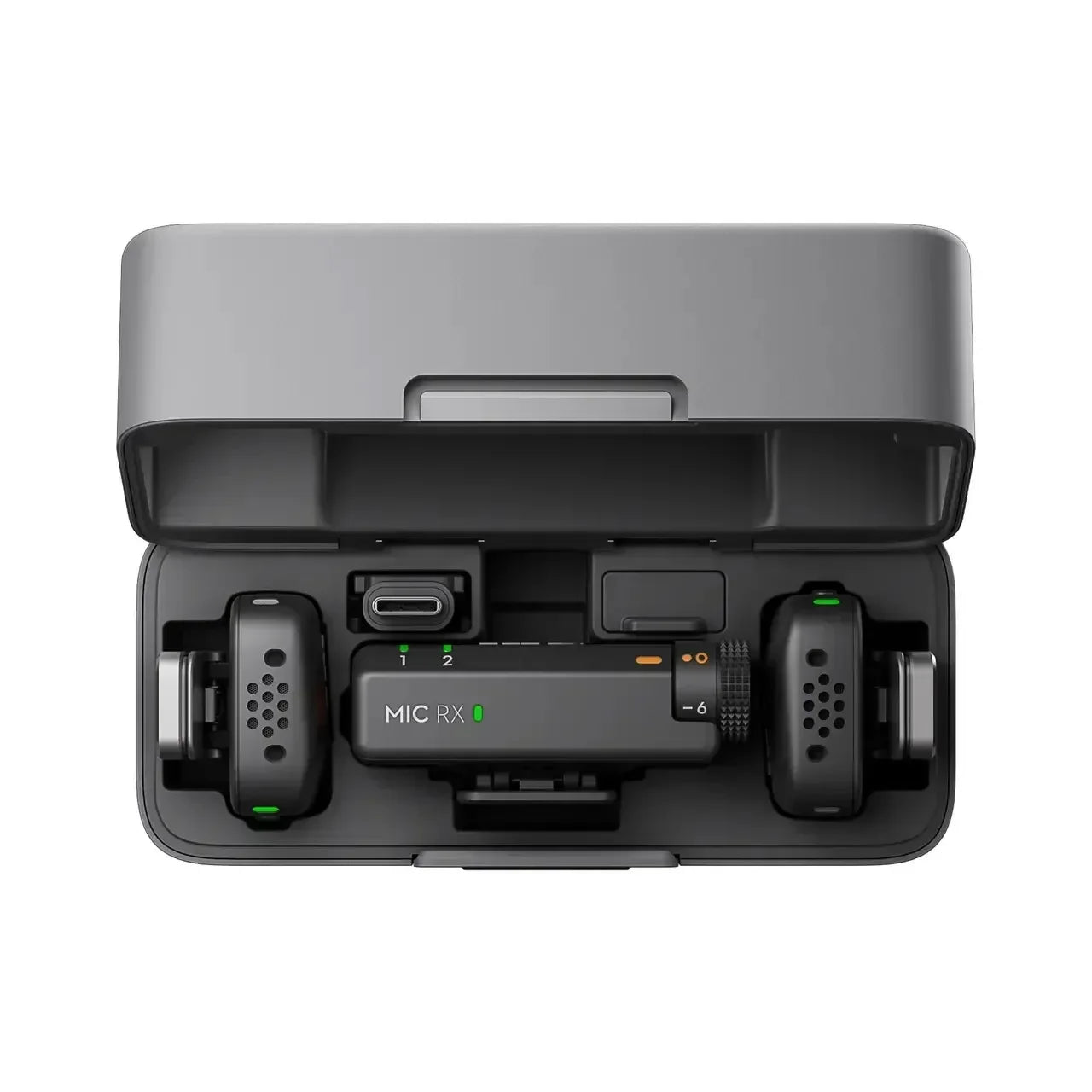 Black dji mic mini wireless microphone system with two transmitters and receiver in gray ultralight discreet charging case with stable transmission original