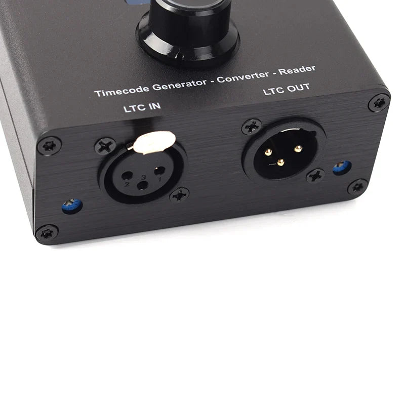Black aluminum doremidi ltc-midi timecode sync device with gold connectors and ltc in and out ports to synchronize midi timecode and smpte ltc timecode
