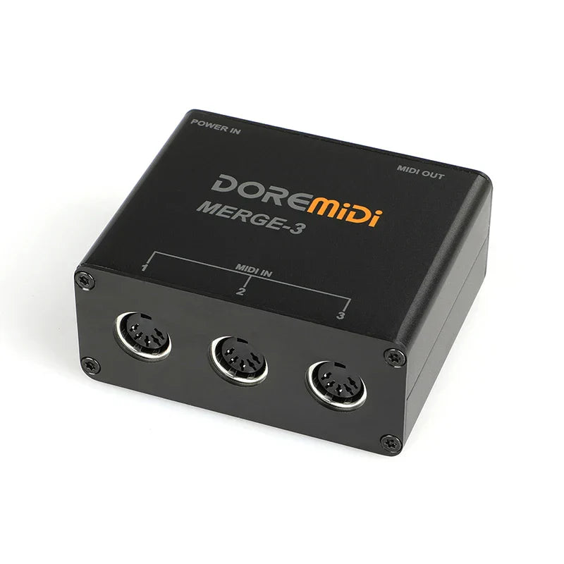 Black doremidi midi host merge-3 adapter converter showing three 5-pin din ports and labeled input output connections