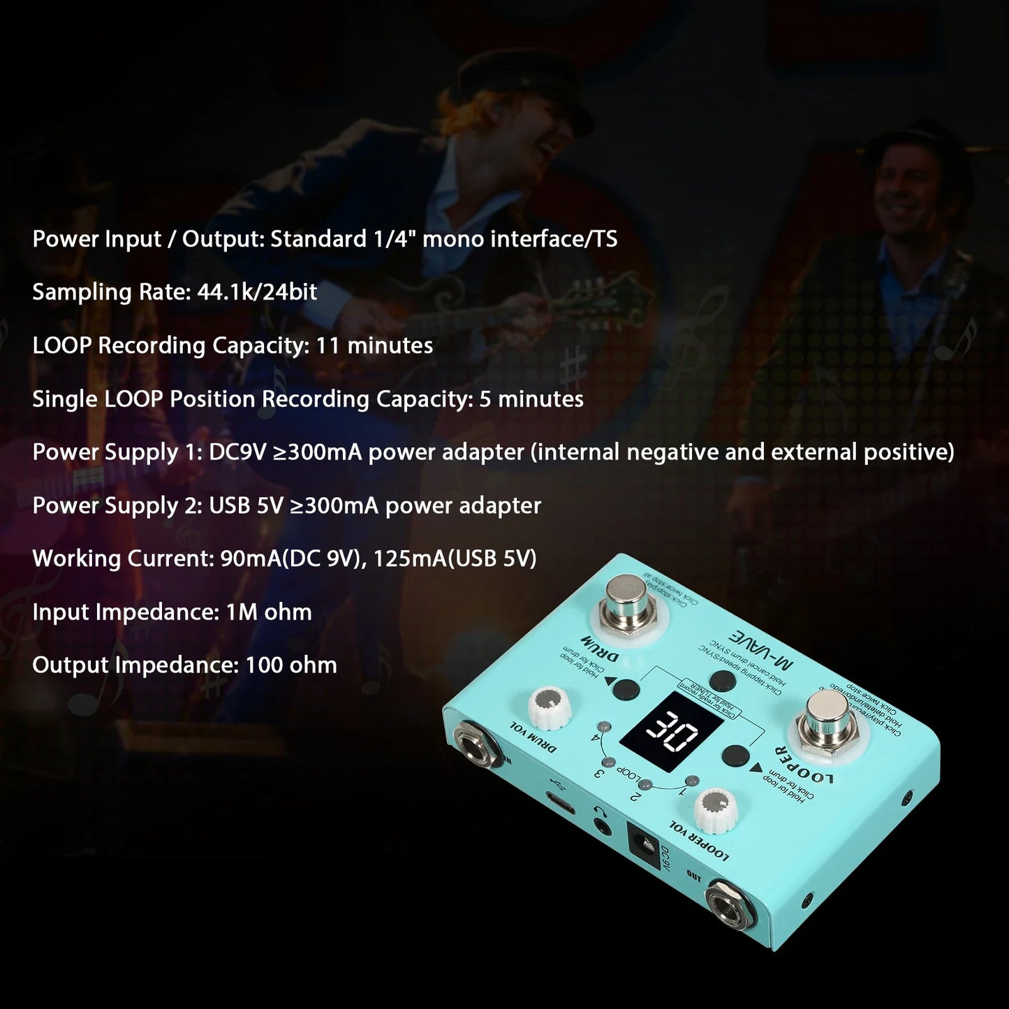 Light blue double footswitch looper pedal with digital display and multiple knobs for single loop and recording time uses