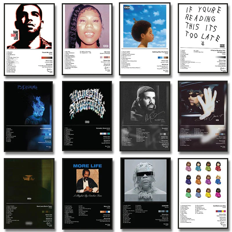 A collection of framed canvas album cover posters featuring drake sza and others for living room wall decor