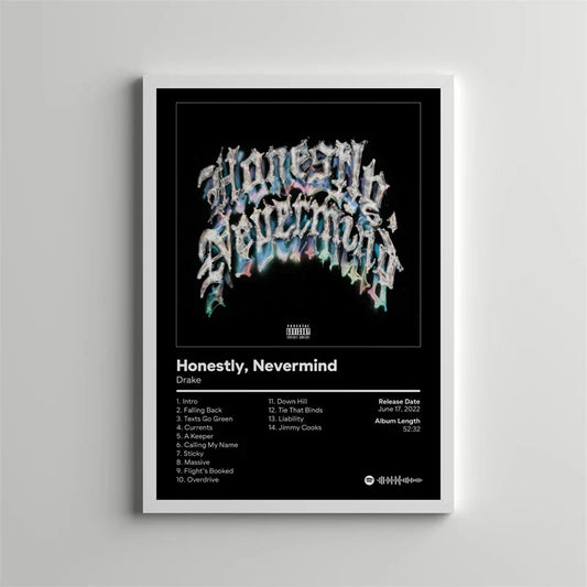 White-framed canvas poster of drake honestly nevermind album cover with icy blue graffiti style lettering, check shipping cost