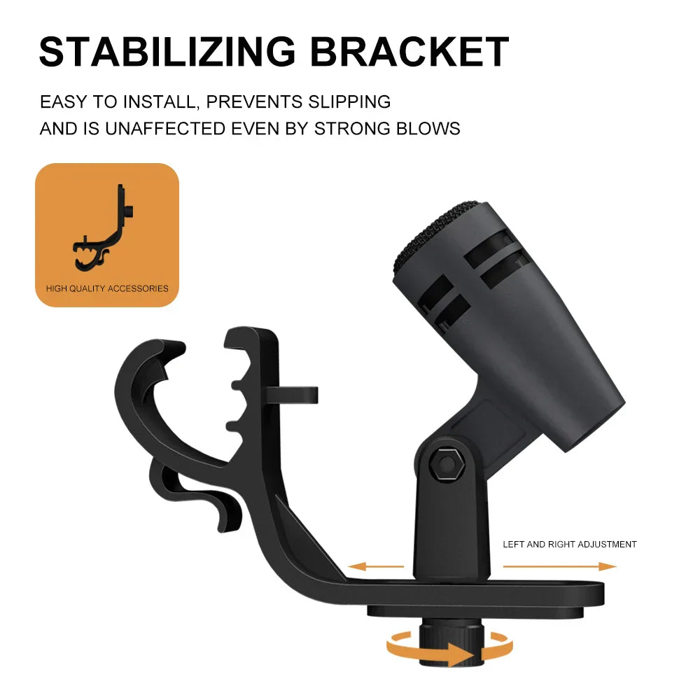 Black plastic stabilizing bracket for e604 tom snare cardioid instrument wired with adjustable clip arm mount clamp design