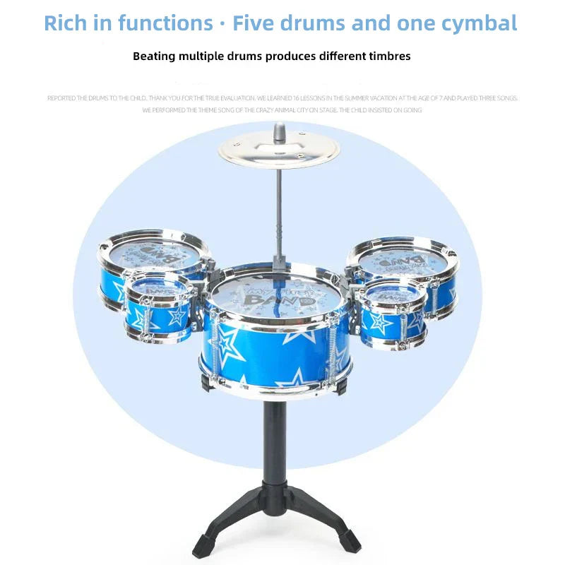 Blue star-patterned children’s drum set with chrome hardware and cymbal for drums music enlightenment and beginners practicing instruments