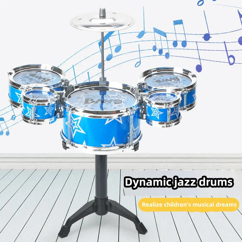 Blue star-patterned children’s drum set with chrome hardware and cymbal for babies toys imitation and instruments beginners practicing