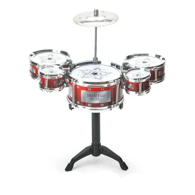 Red and chrome toy drum set with silver star decals for babies toys imitation and musical instruments beginners learning music enlightenment