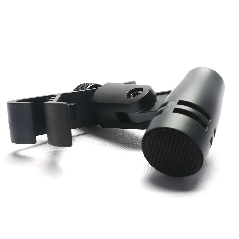 Black plastic drum microphone clip with adjustable clamp and mesh grille for drums microphone professional use
