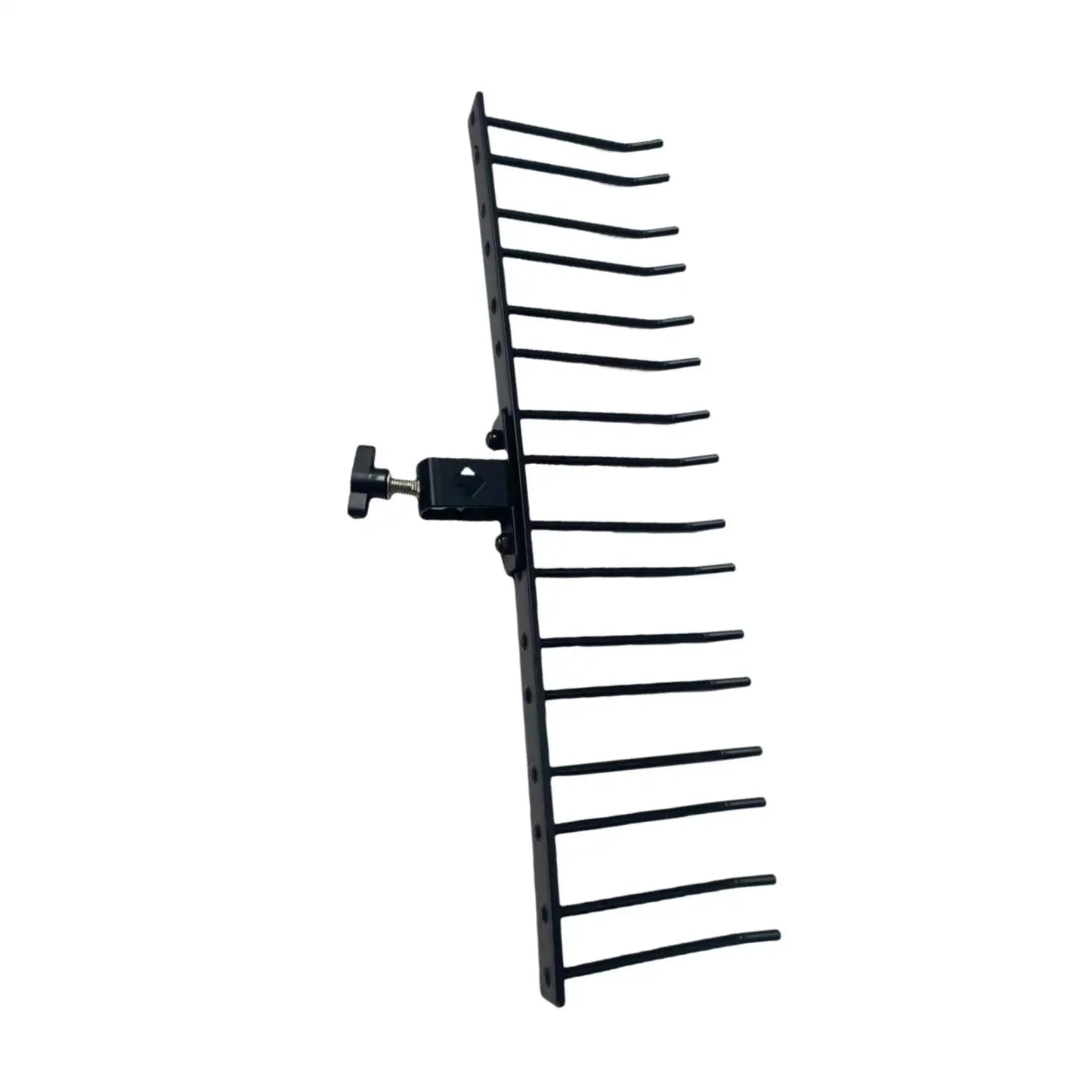 Black metal rake attachment with ten tines and mounting bracket for professional drumstick rack mallets collection stable