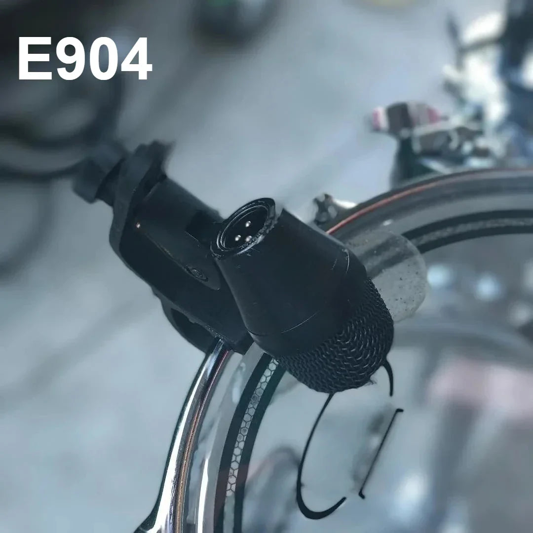 Black e904 instrument microphone with cardioid pattern and clip arm mount for professional drum recording
