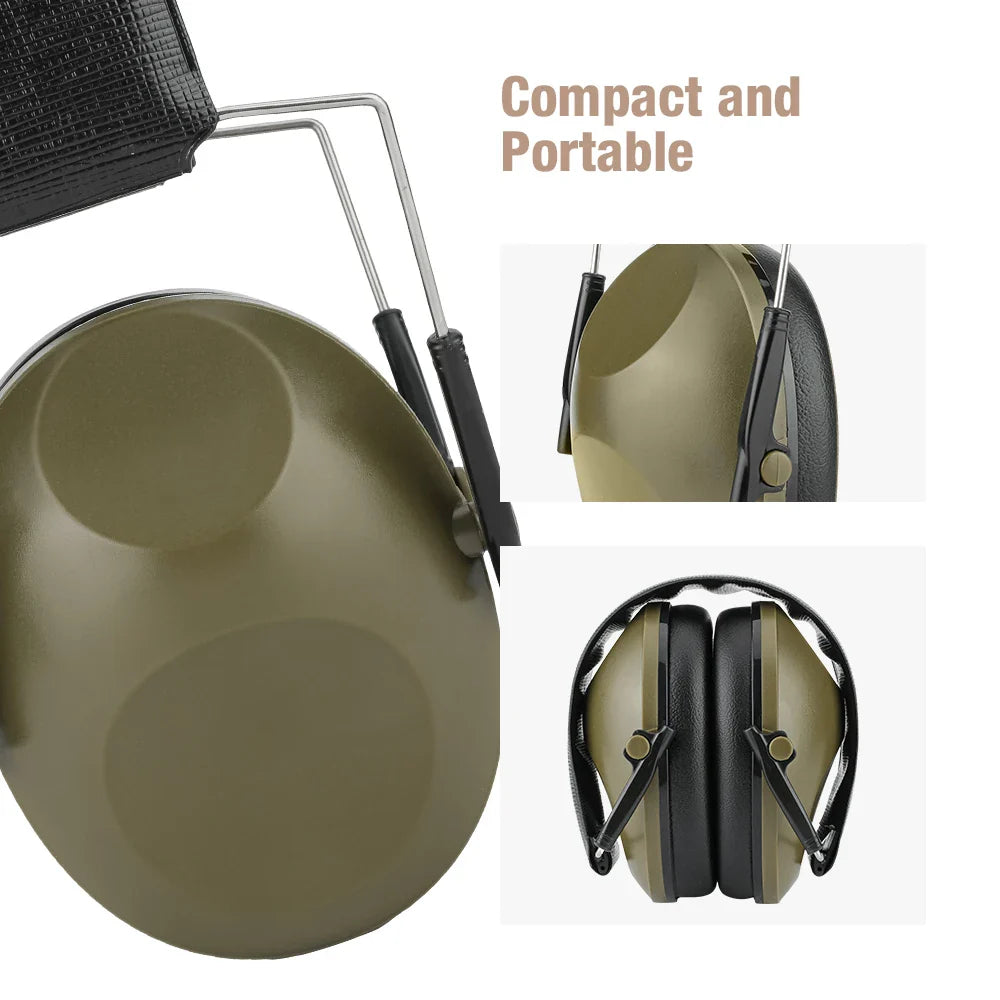 Olive green compact ear protector earmuffs with black padded headband and ear cushion for noise reduction during shooting