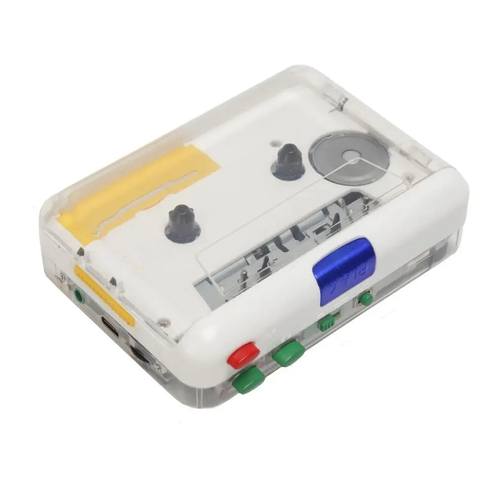 Clear plastic cassette player with white interior blue button and red green controls featuring 3.5mm aux input mp3 converter