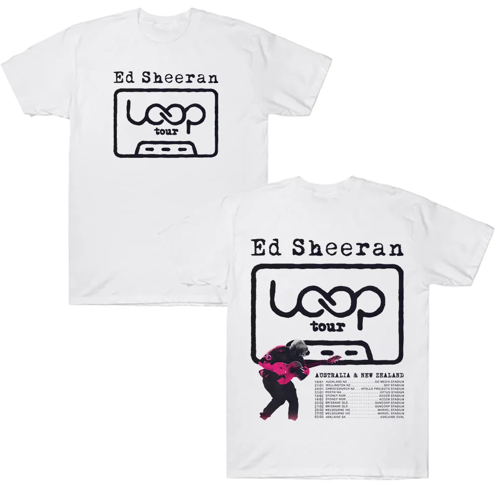 White cotton ed sheeran loop tour t shirt featuring black graphic with cassette tape front and pink figure back loose unisex streetwear