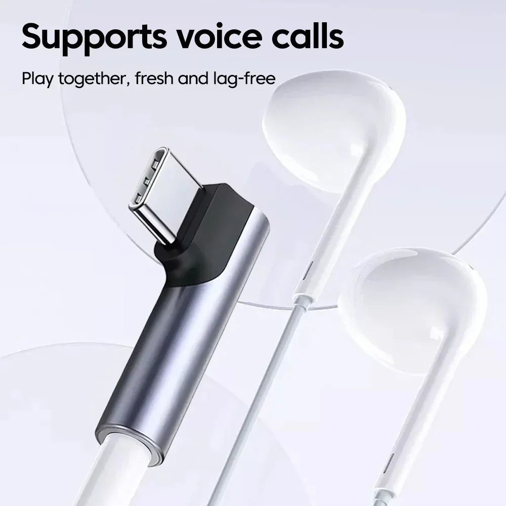 White in-ear earbuds with silver and black elbow type c jack audio adapter supports voice calls usb for iphone and android