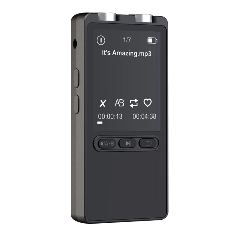 Black rectangular digital sound recorder pen with touchscreen playback controls and dictaphone mic denoise feature