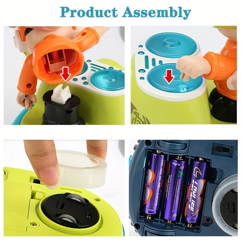 Bright lime green and blue plastic dancing dj boy toy with orange arms featuring bouncing beat for thanksgiving halloween gifts