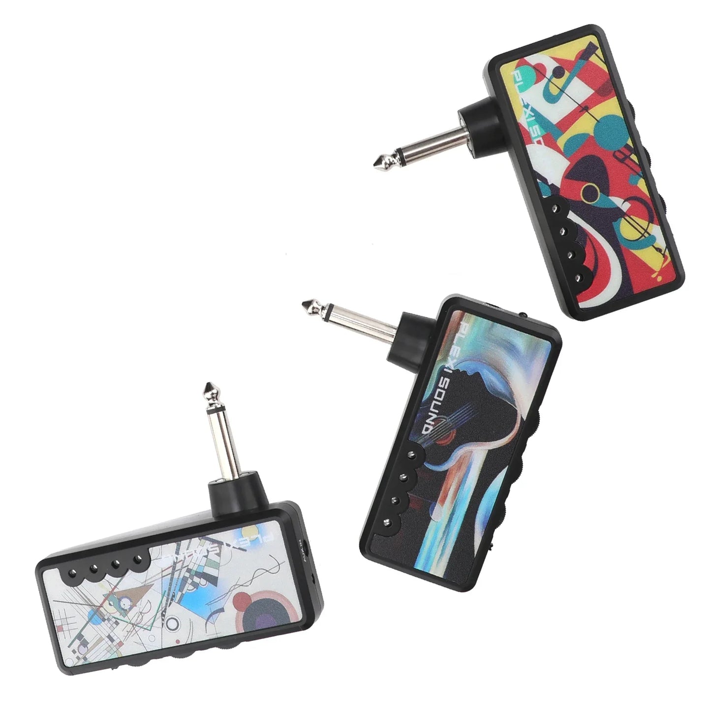Three compact black rechargeable battery mini headphone amplifiers with colorful art and silver 6.35mm jacks for guitar use