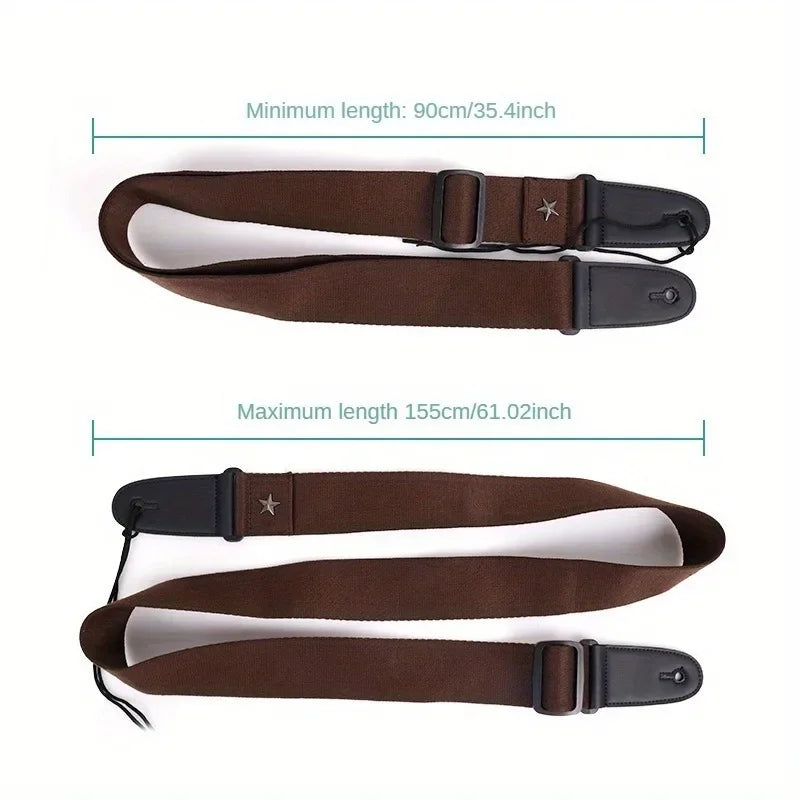 Brown fabric electric guitar strap with black plastic hardware and star emblem for strap acoustic folk and pick pocket guitar use