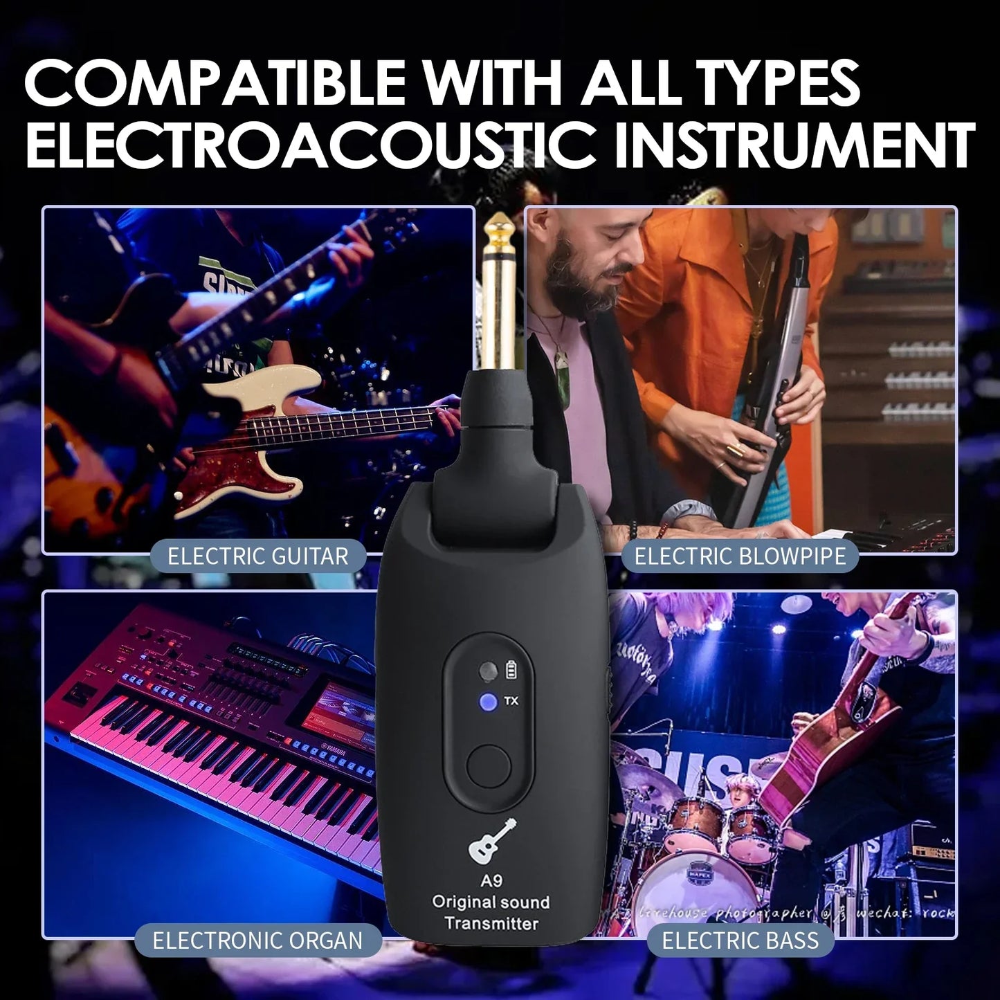 Black a9 original sound transmitter with gold 1/4-inch jack and three buttons for 2.4ghz guitar wireless pickup electroacoustic universal use