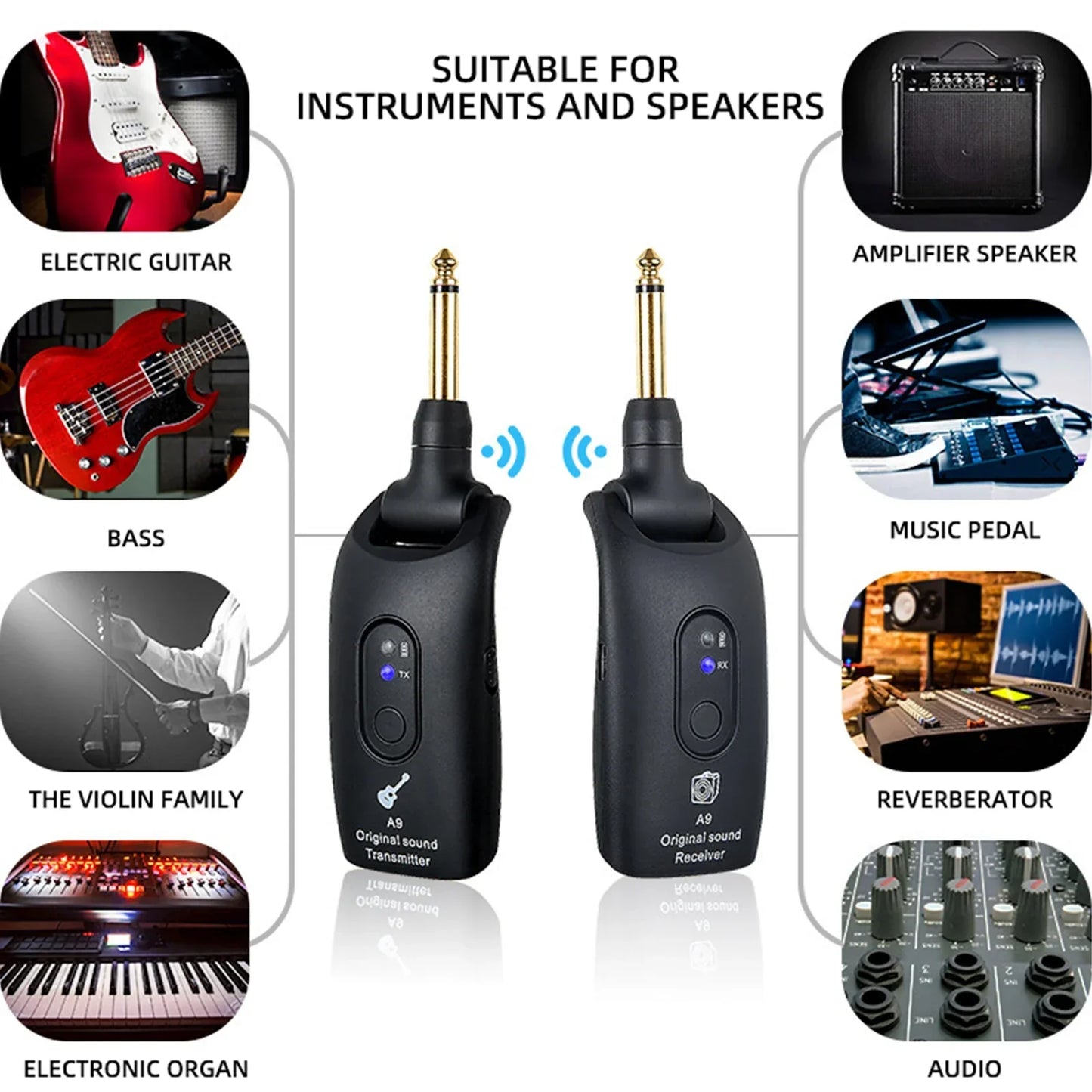 Black a9 guitar wireless transmitter and receiver set with gold-colored audio jacks for 2.4ghz pickup electroacoustic universal use