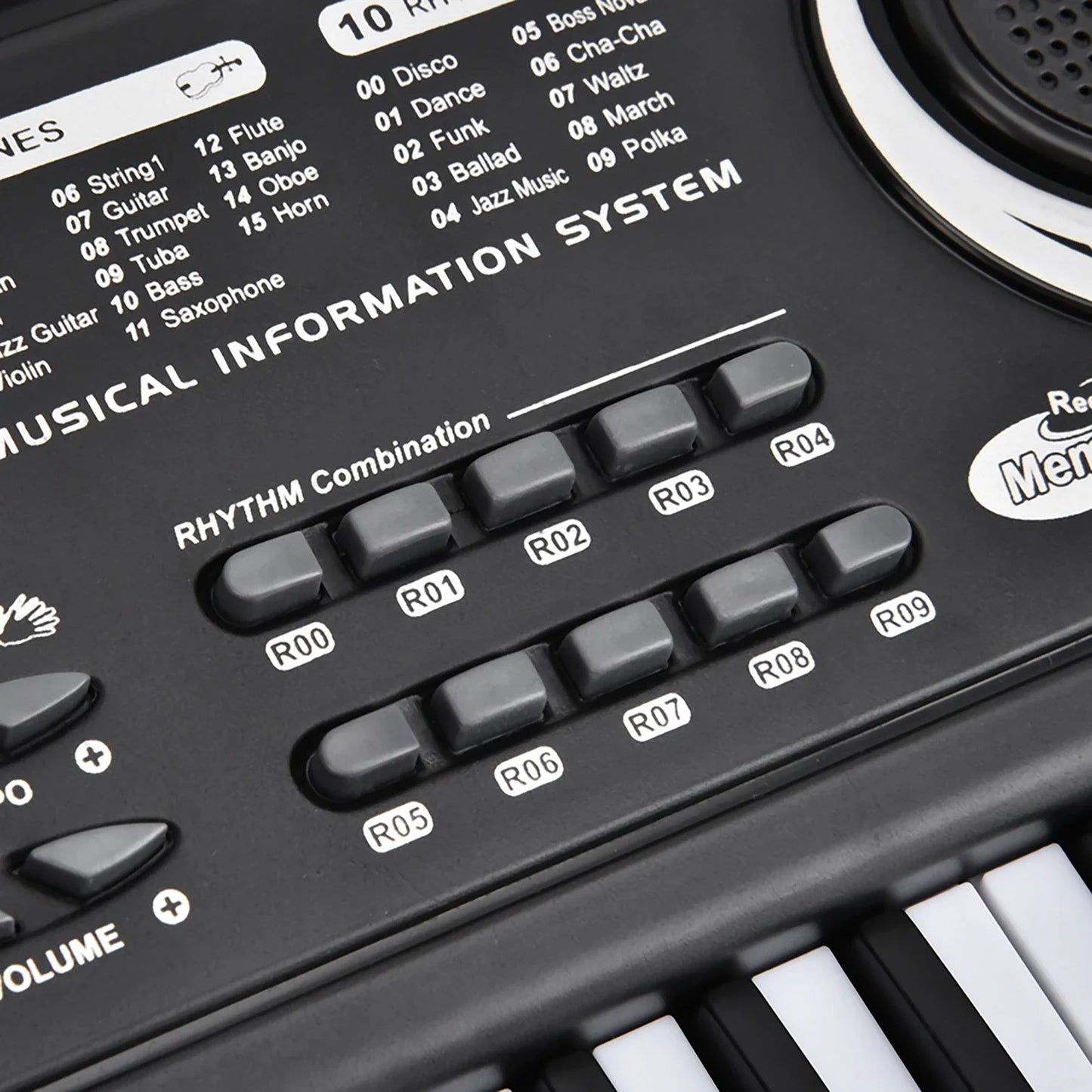 Black 61-key electric digital piano musical instrument with rhythm buttons for dance funk ballad and jazz music use